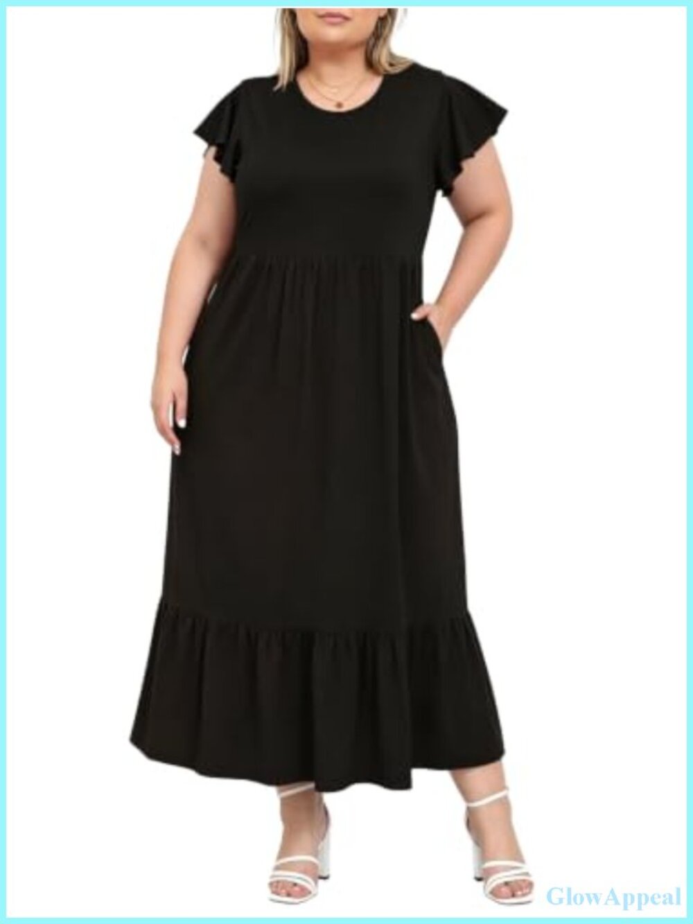 Plus Size Maxi Dress with Pockets Crew Neck Ruffle Sleeve Floral Long Dress